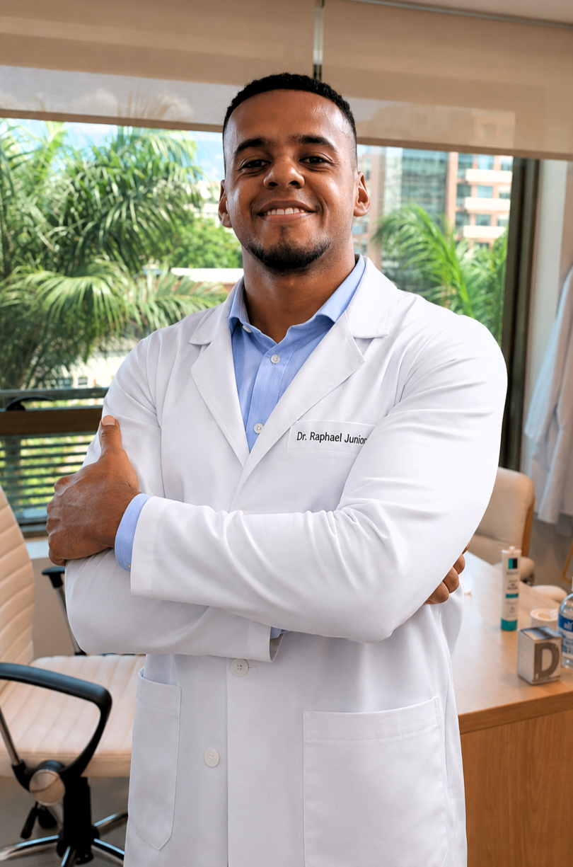 Dr. Raphael Nunes, fisioterapeuta da EARFF, retrato profissional de jaleco branco, braços cruzados, sorrindo, consultório clínico moderno ao fundo, luz natural suave, fotografia corporativa realista