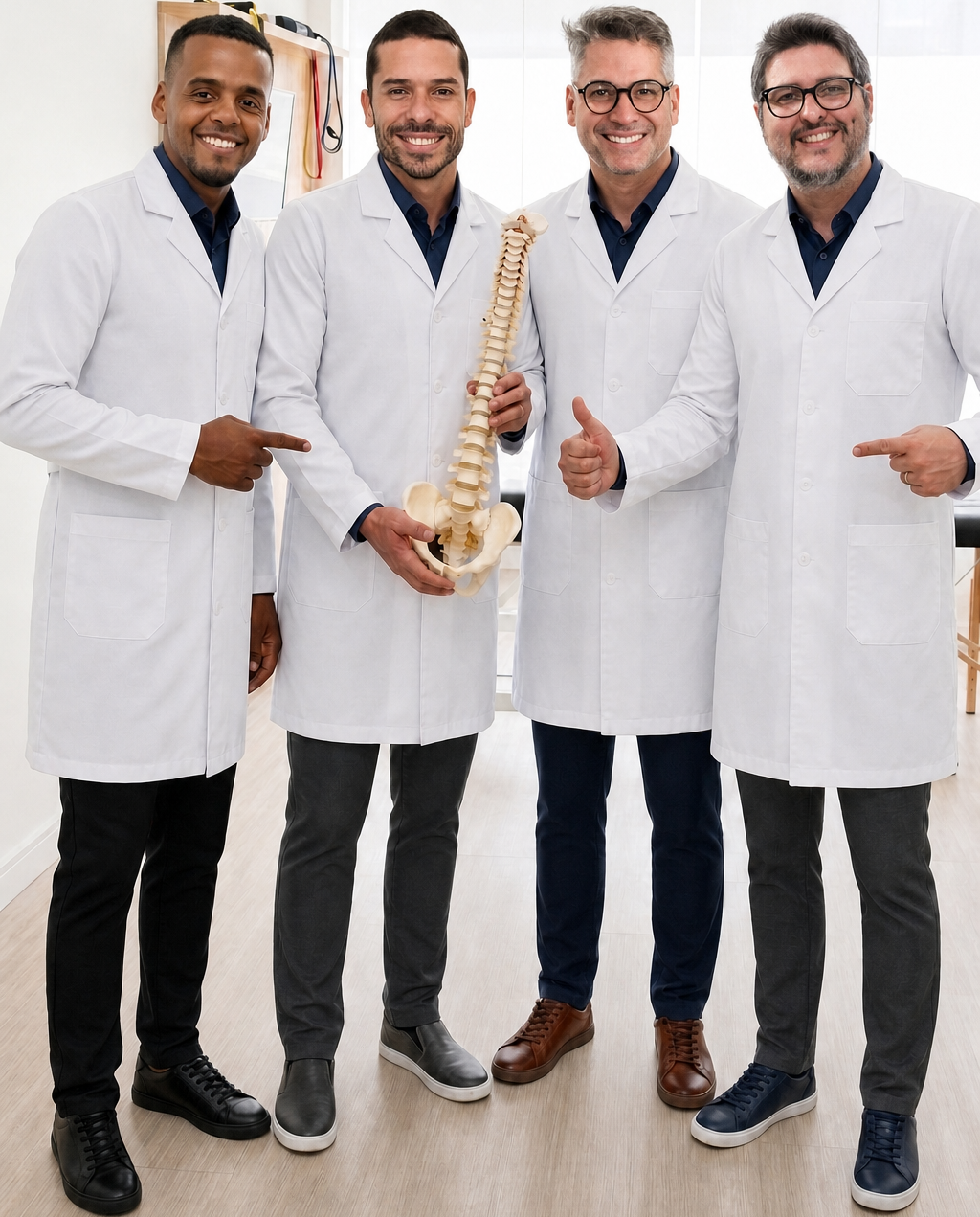 Os quatro sócios fisioterapeutas da EARFF, todos de jaleco branco, sorrindo e apontando para um modelo anatômico de coluna vertebral segurado por um deles, consultório clínico claro ao fundo, fotografia corporativa realista