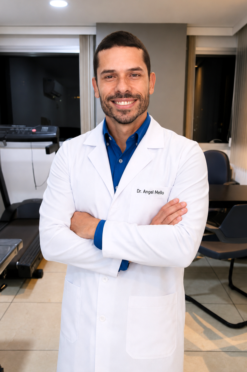 Dr. Angel Mello, fisioterapeuta da EARFF, retrato profissional de jaleco branco e camisa azul, braços cruzados, sorrindo, consultório clínico ao fundo, luz natural suave, fotografia corporativa realista