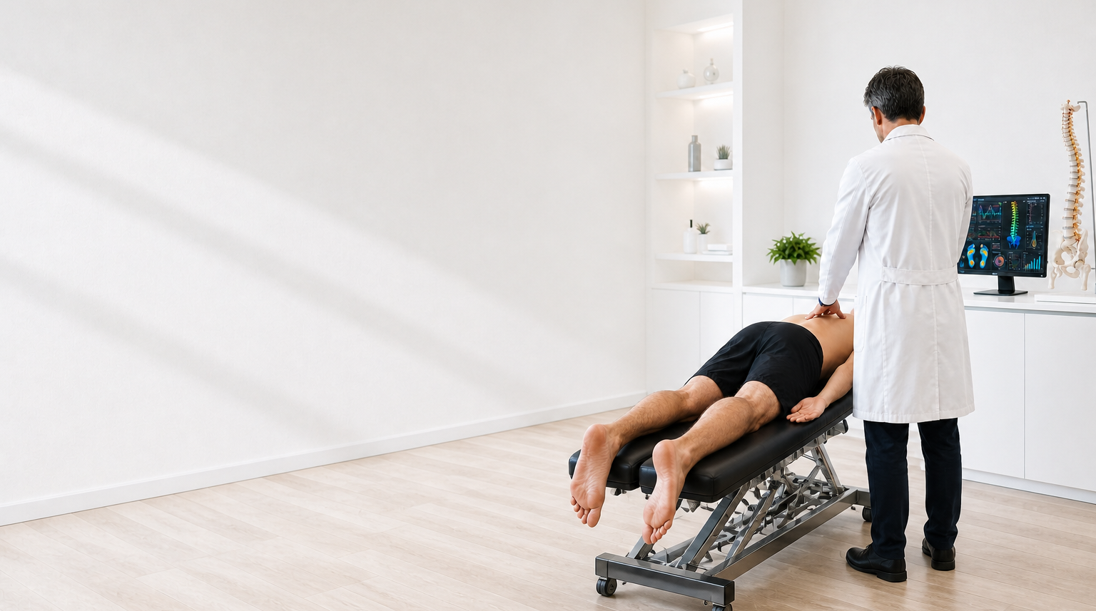 Fisioterapeuta de jaleco branco realizando avaliação investigativa em paciente sobre maca de fisioterapia, monitor com análise postural digital e modelo anatômico de coluna vertebral ao fundo, consultório clínico moderno e claro, iluminação suave e profissional, fotografia realista