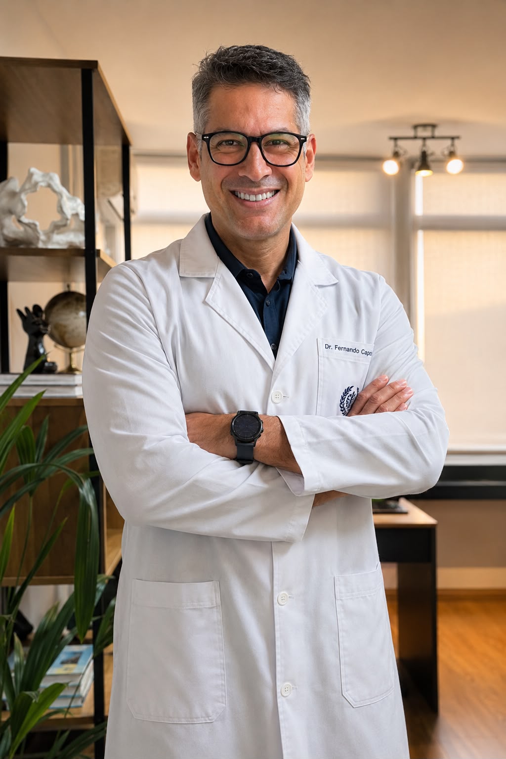 Dr. Fernando Capristano, fisioterapeuta da EARFF, retrato profissional de jaleco branco, óculos, braços cruzados, sorrindo, consultório clínico moderno ao fundo, luz natural suave, fotografia corporativa realista